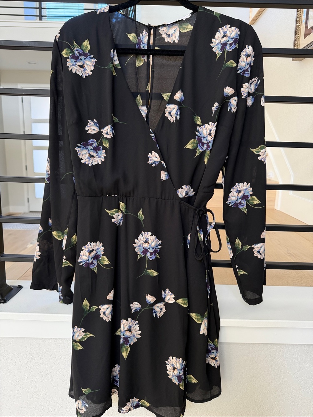 Lush Floral Wrap Mini Dress in Black with Blue-White Blooms- Size L